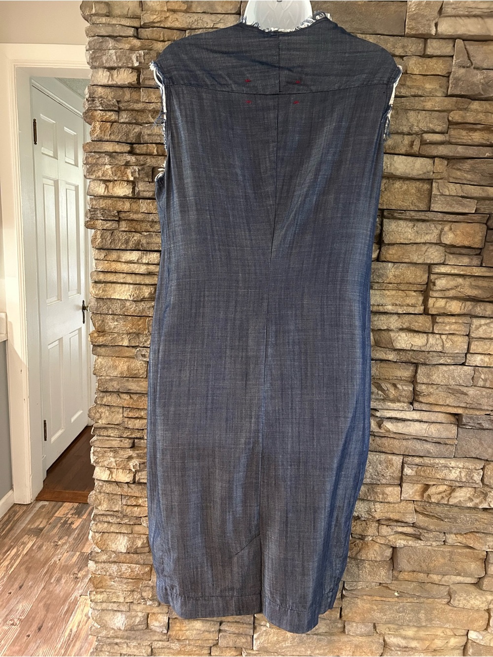 Veronique Miljkovitch Dress Navy Blue midi chambray distressed neck/sleeves - Picture 3 of 5